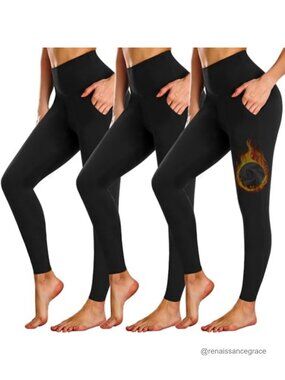 Women's Fleece Lined Leggings with Pockets High Waisted Yoga Pants 3 Pack